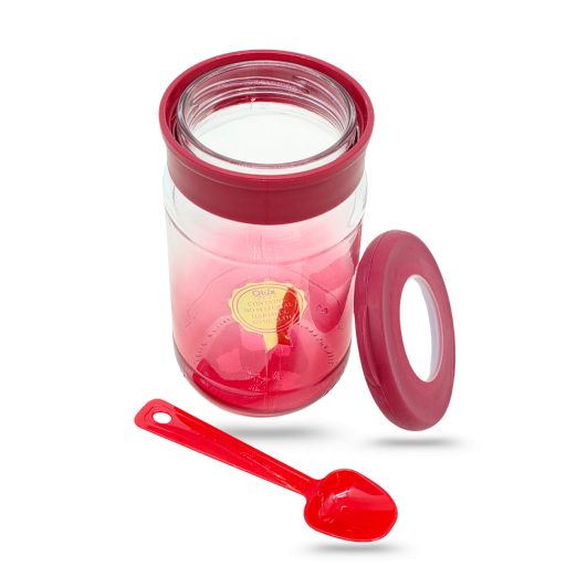 Fűszertartó piros üveg, kanállal 380ml 16979
